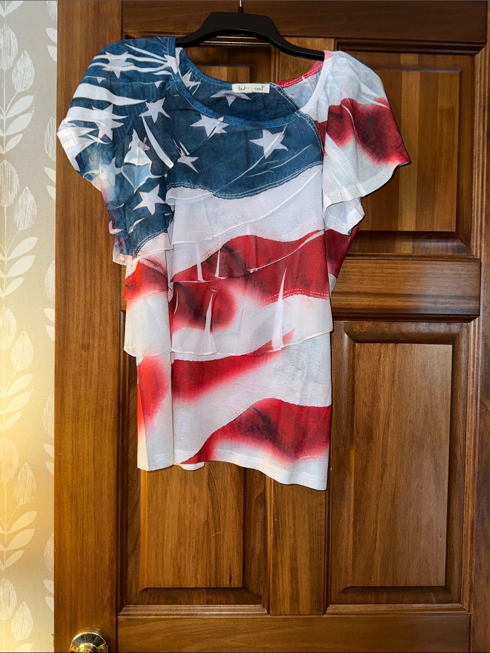 Patriotic Ruffle Sleeve Flag Print Top - Red, White & Blue